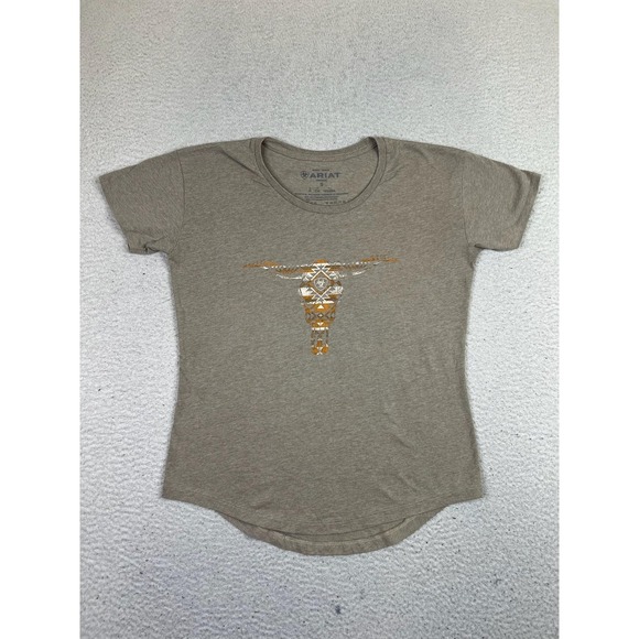 Ariat Shirt Womens Small Brown Heather Aztec Longhorn Graphic Tee Casual Western - Picture 1 of 7